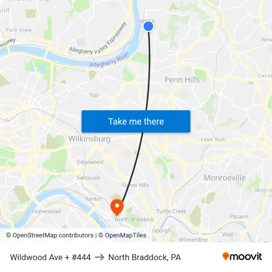 Wildwood Ave + #444 to North Braddock, PA map