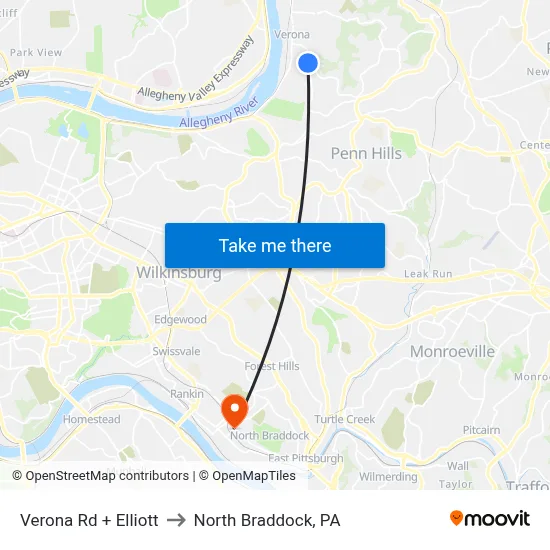 Verona Rd + Elliott to North Braddock, PA map