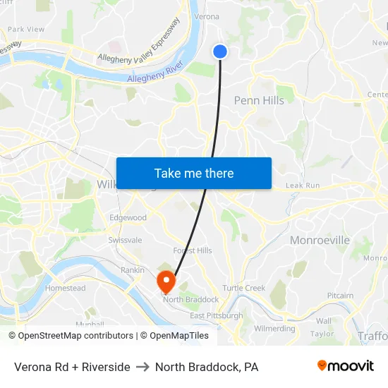 Verona Rd + Riverside to North Braddock, PA map