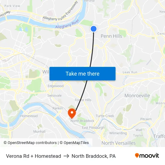 Verona Rd + Homestead to North Braddock, PA map