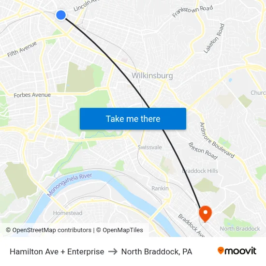 Hamilton Ave + Enterprise to North Braddock, PA map