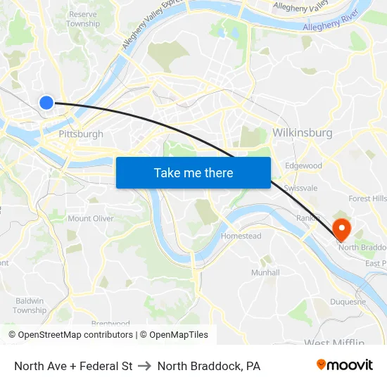 North Ave + Federal St to North Braddock, PA map