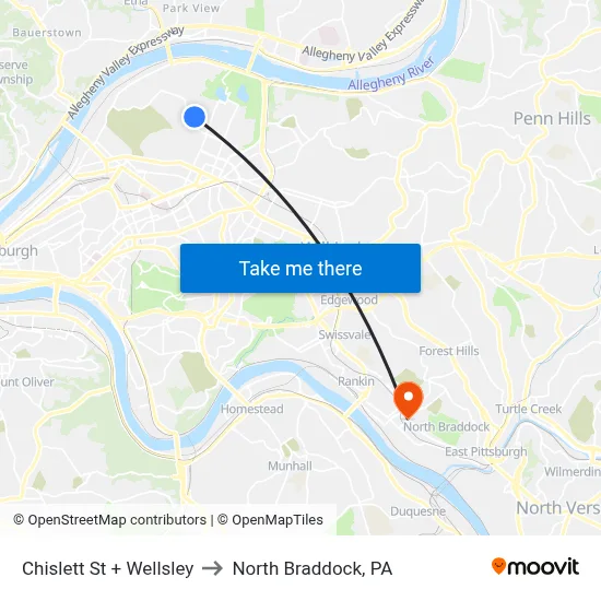 Chislett St + Wellsley to North Braddock, PA map
