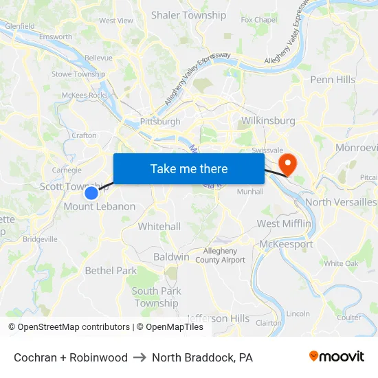Cochran + Robinwood to North Braddock, PA map