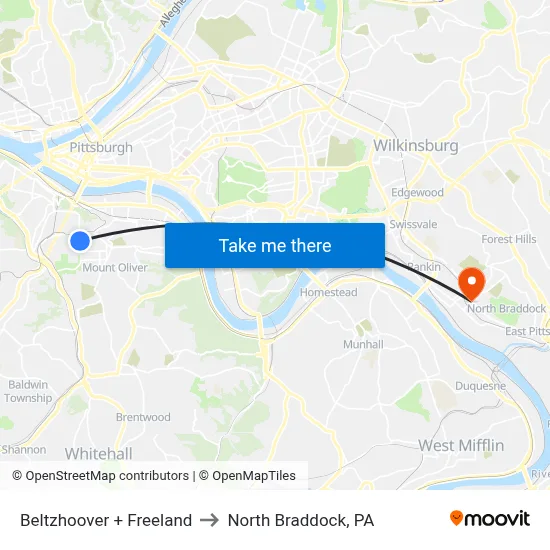 Beltzhoover + Freeland to North Braddock, PA map