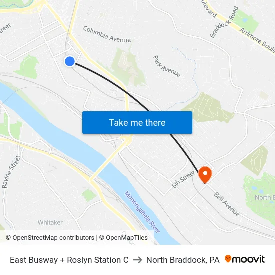 East Busway + Roslyn Station C to North Braddock, PA map