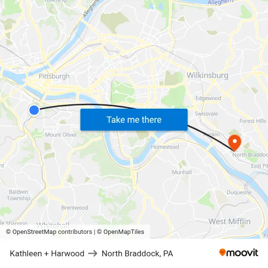 Kathleen + Harwood to North Braddock, PA map