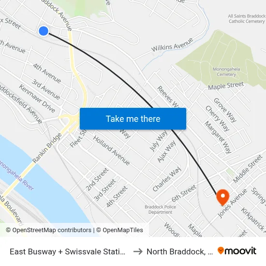 East Busway + Swissvale Station A to North Braddock, PA map