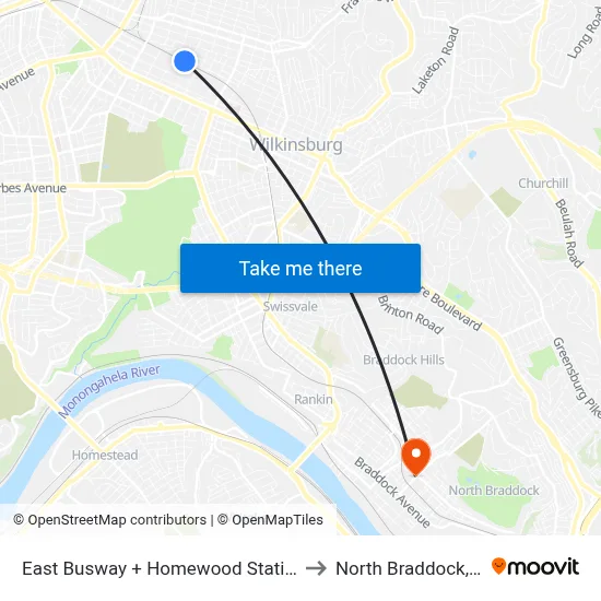 East Busway + Homewood Station B to North Braddock, PA map
