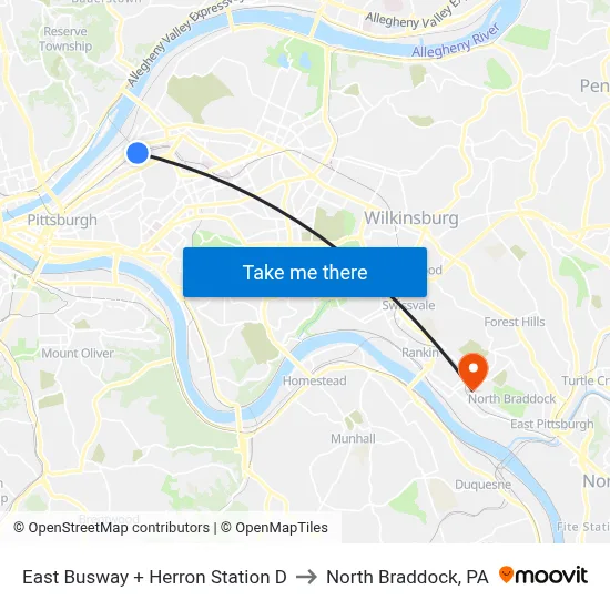 East Busway + Herron Station D to North Braddock, PA map