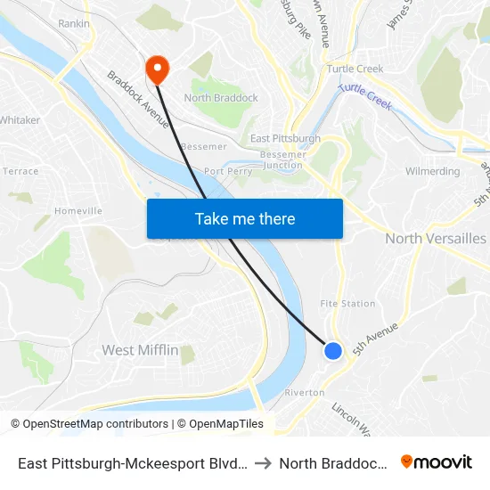 East Pittsburgh-Mckeesport Blvd + Ault to North Braddock, PA map