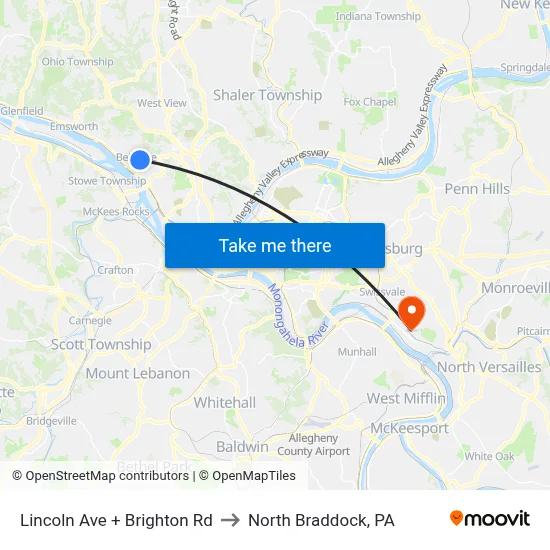 Lincoln Ave + Brighton Rd to North Braddock, PA map