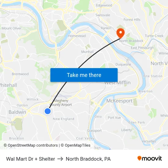 Wal Mart Dr + Shelter to North Braddock, PA map