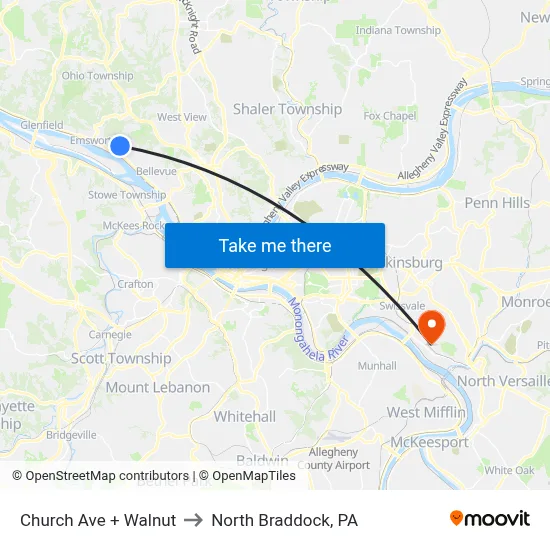 Church Ave + Walnut to North Braddock, PA map
