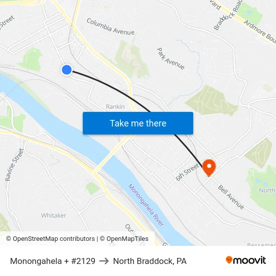 Monongahela + #2129 to North Braddock, PA map