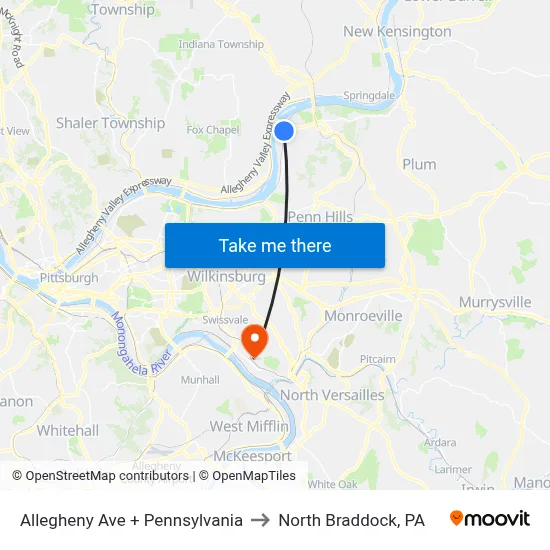 Allegheny Ave + Pennsylvania to North Braddock, PA map