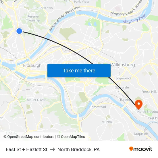 East St + Hazlett St to North Braddock, PA map