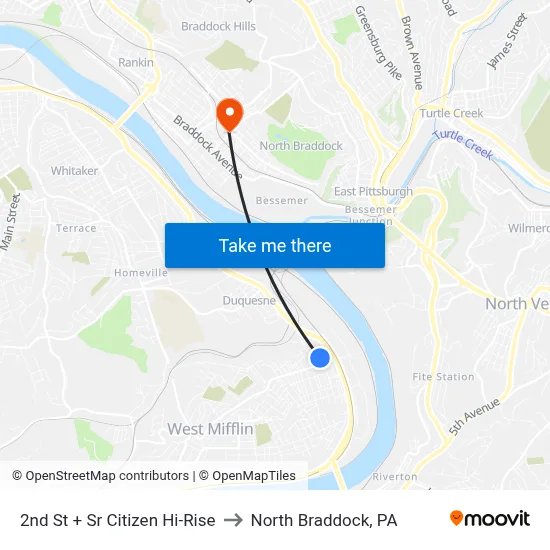 2nd St + Sr Citizen Hi-Rise to North Braddock, PA map