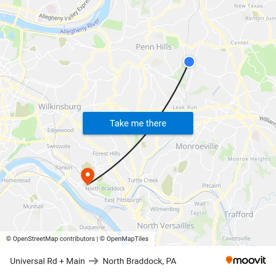 Universal Rd + Main to North Braddock, PA map