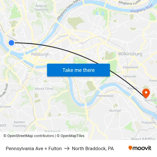 Pennsylvania Ave + Fulton to North Braddock, PA map
