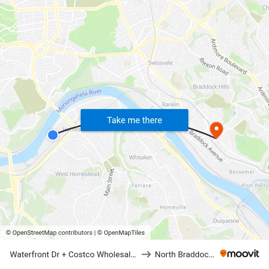 Waterfront Dr + Costco Wholesale Drvwy to North Braddock, PA map