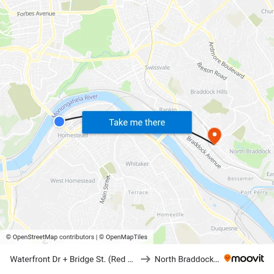 Waterfront Dr + Bridge St. (Red Robin) to North Braddock, PA map