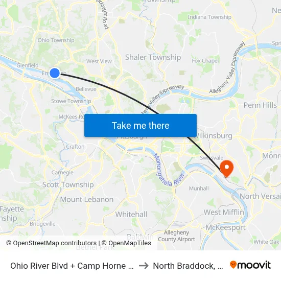 Ohio River Blvd + Camp Horne Ns to North Braddock, PA map