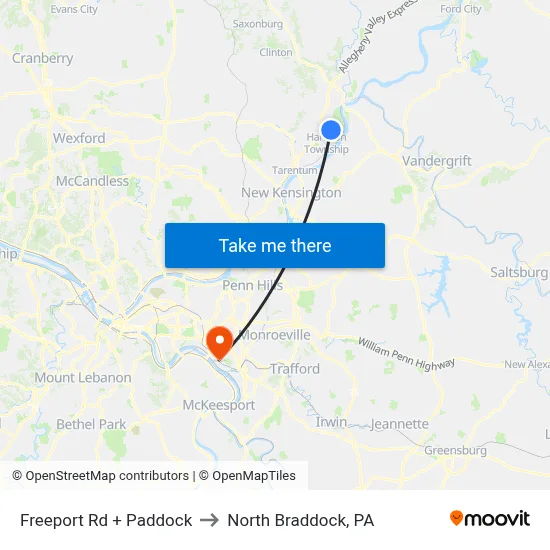 Freeport Rd + Paddock to North Braddock, PA map