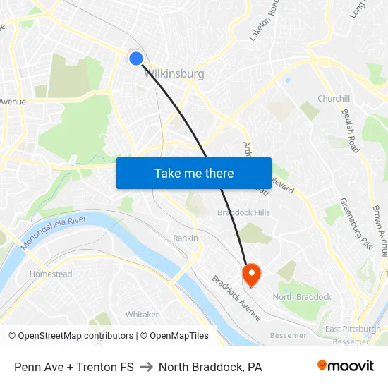 Penn Ave + Trenton FS to North Braddock, PA map