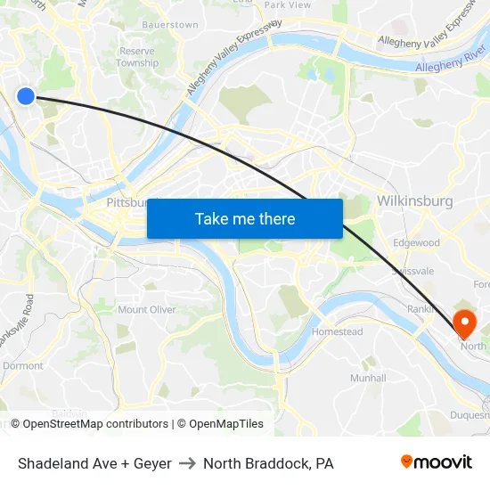Shadeland Ave + Geyer to North Braddock, PA map