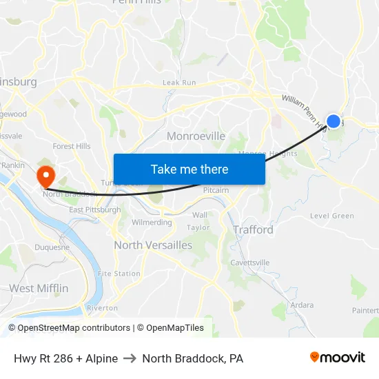 Hwy Rt 286 + Alpine to North Braddock, PA map