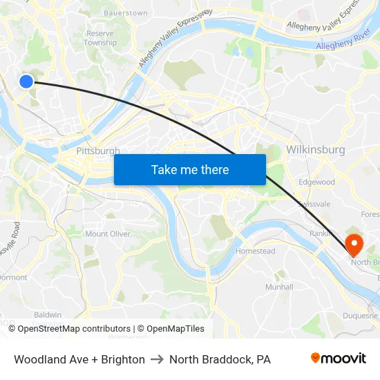 Woodland Ave + Brighton to North Braddock, PA map