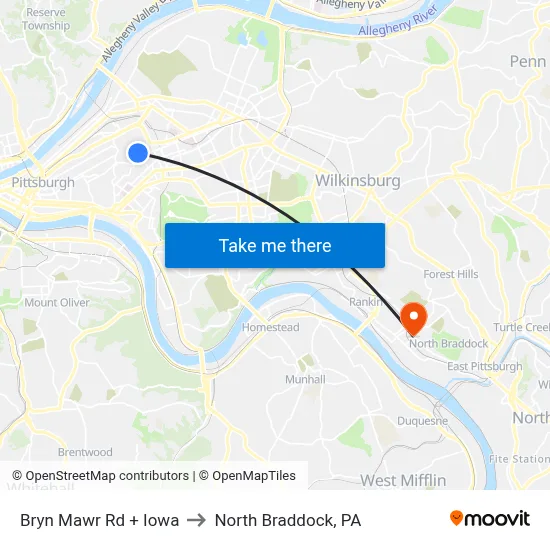 Bryn Mawr Rd + Iowa to North Braddock, PA map