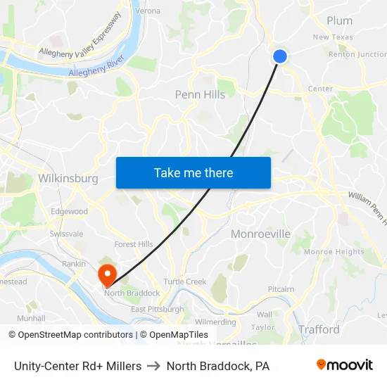 Unity-Center Rd+ Millers to North Braddock, PA map