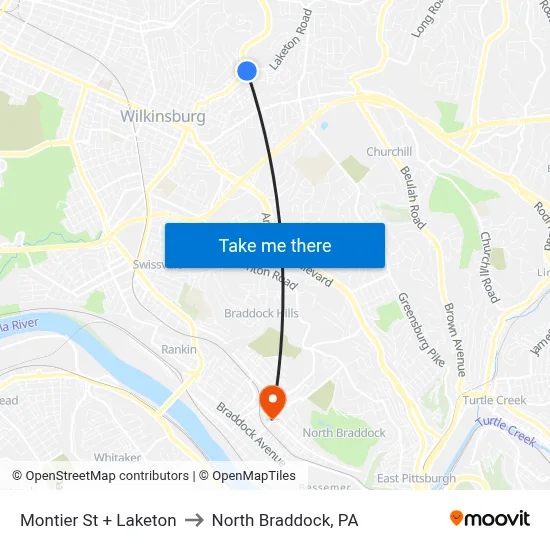 Montier St + Laketon to North Braddock, PA map