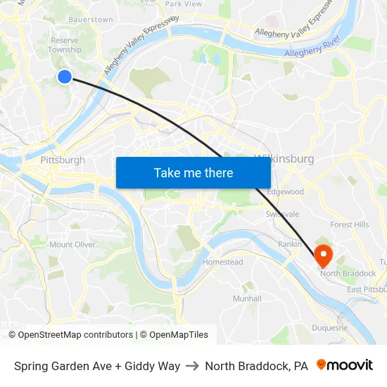 Spring Garden Ave + Giddy Way to North Braddock, PA map