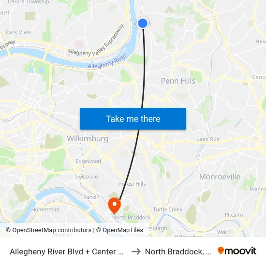 Allegheny River Blvd + Center Ave to North Braddock, PA map