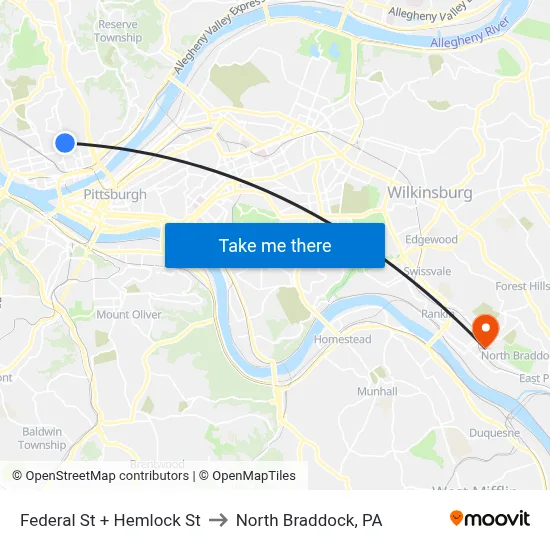 Federal St + Hemlock St to North Braddock, PA map