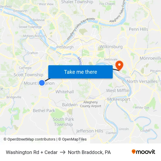 Washington Rd + Cedar to North Braddock, PA map