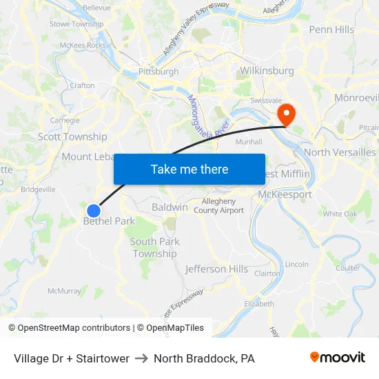 Village Dr + Stairtower to North Braddock, PA map