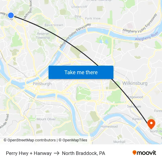Perry Hwy + Hanway to North Braddock, PA map