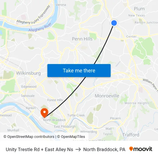 Unity Trestle Rd + East Alley Ns to North Braddock, PA map