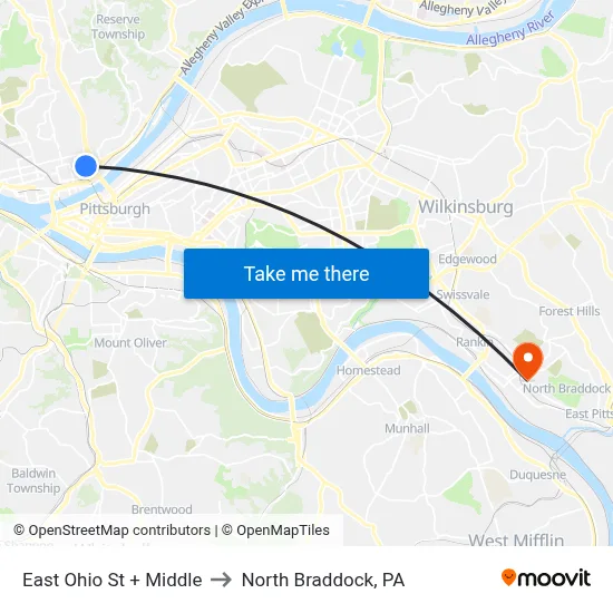 East Ohio St + Middle to North Braddock, PA map