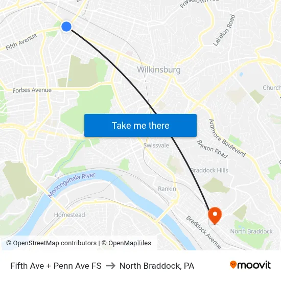 Fifth Ave + Penn Ave FS to North Braddock, PA map