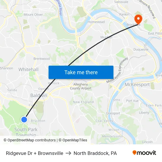Ridgevue Dr + Brownsville to North Braddock, PA map