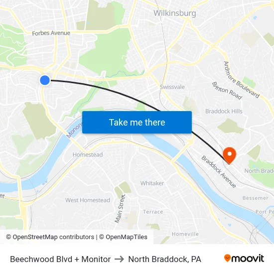 Beechwood Blvd + Monitor to North Braddock, PA map