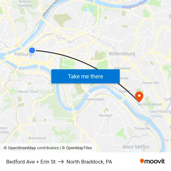 Bedford Ave + Erin St to North Braddock, PA map