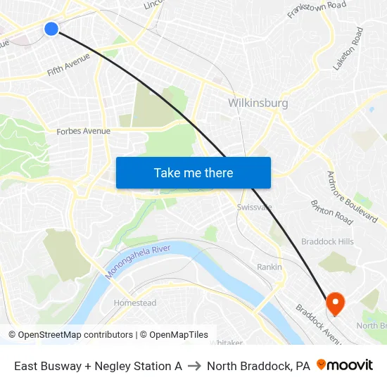 East Busway + Negley Station A to North Braddock, PA map