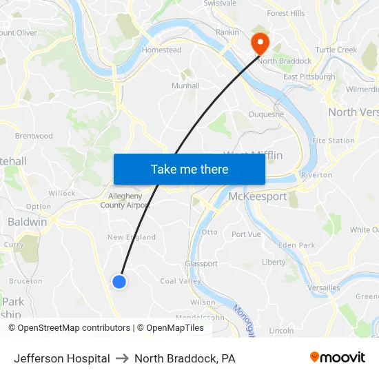 Jefferson Hospital to North Braddock, PA map