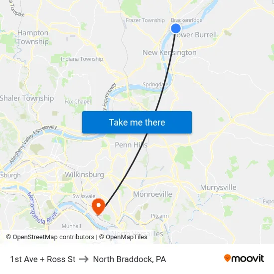 1st Ave + Ross St to North Braddock, PA map